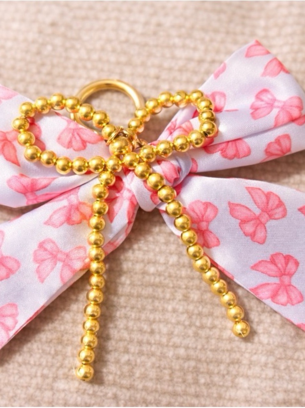 Boutique Pink Bow Purse Charm Gold Beaded Ribbon Coquette Bag Accessory Keychain